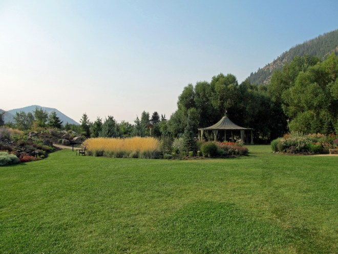 Central area of the garden featuring perennial beds and the Ellen Long Garden Pavillion