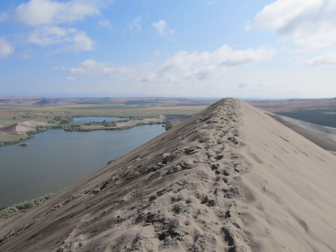 On top of large dune looking across lake to small dune.